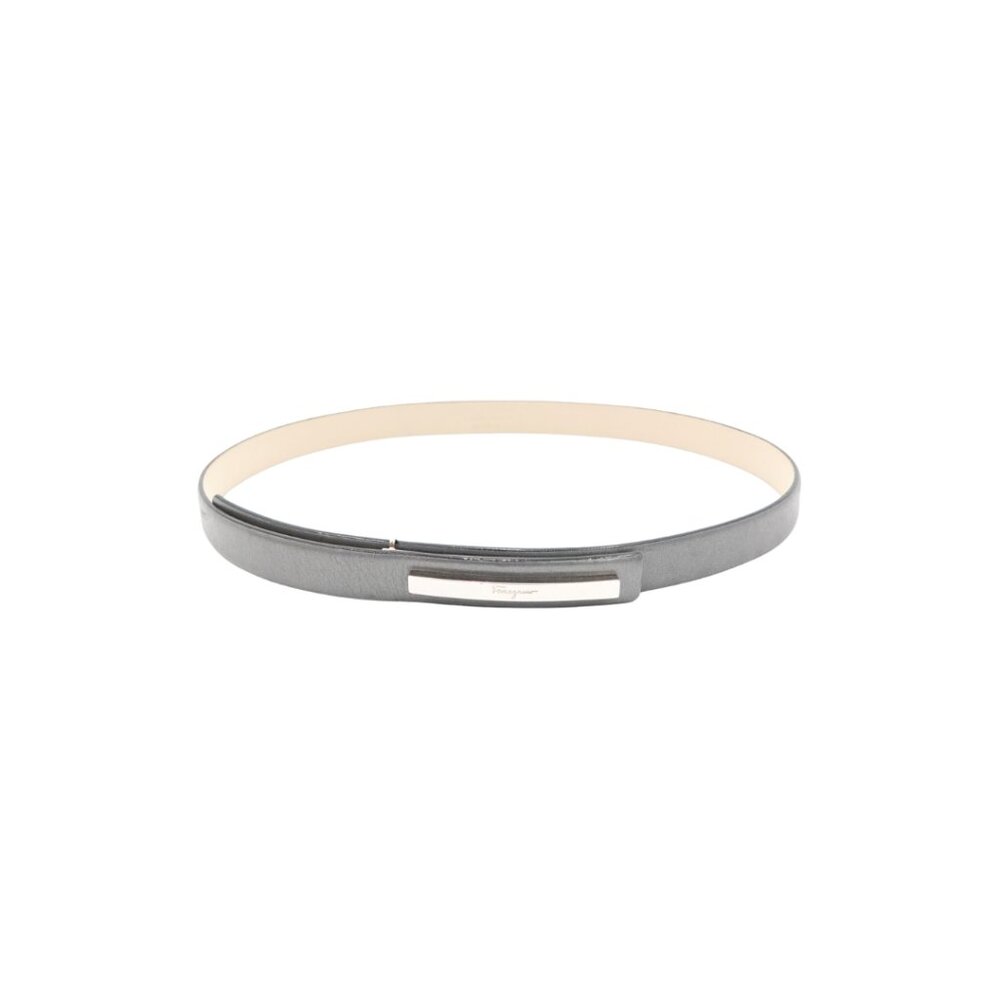 Salvatore Ferragamo Pewter Leather Thin Belt with Silver Logo Plate